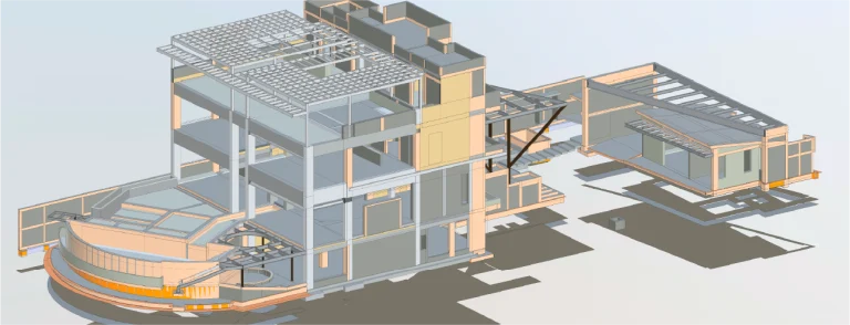 Un modelo arquitectónico digital 3D Modelo BIM de un edificio de varias plantas con una estructura adyacente, que muestra las estructuras expuestas, los suelos y los elementos estructurales en tonos grises, naranjas y beige