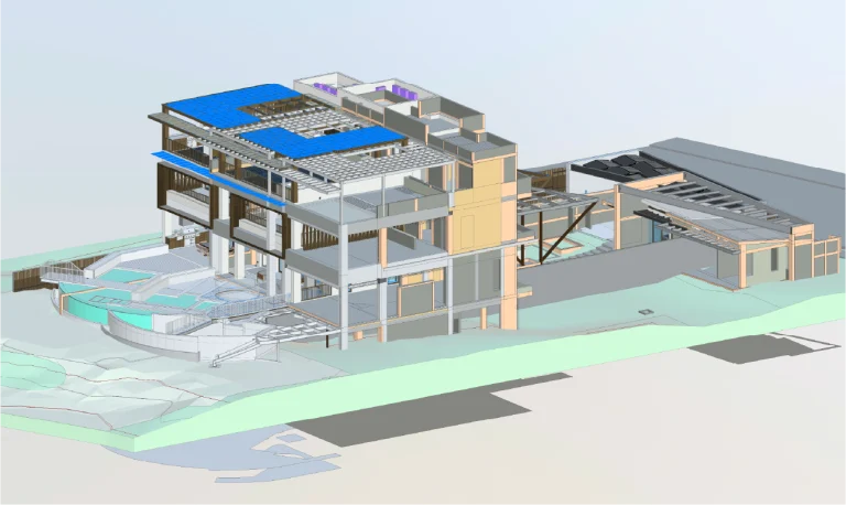 Modelo digital 3D BIM de un edificio moderno de varias plantas abierto para revelar las estancias interiores, los elementos estructurales y las zonas exteriores, incluidas una piscina y una terraza, situadas en un paisaje en pendiente