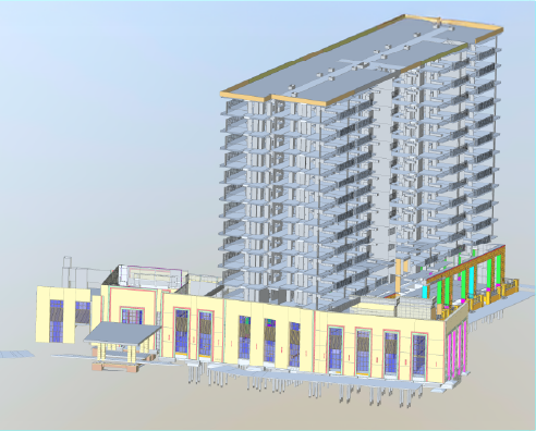 Un modelo digital en 3D del Gran Valbuena Desarrollo de Vivienda, que muestra una torre de varias plantas sobre un zócalo comercial, con balcones y segmentos de pared de vibrantes colores