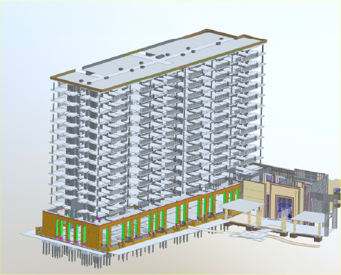 Modelo digital 3D de un Desarrollo de Vivienda de varios pisos en Grand Valbuena en construcción, mostrando suelos expuestos, columnas de soporte y detalles estructurales, con algunas paredes y ventanas acabadas en los niveles inferiores