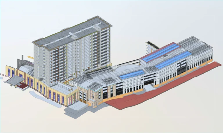 Representación arquitectónica en 3D del complejo de edificios de varias plantas Grand Valbuena, que incluye una alta torre residencial para Desarrollo de Vivienda y una estructura comercial adyacente más baja con tejados variados y elementos estructurales a la vista