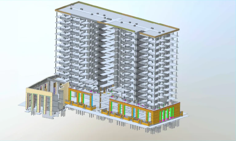 Modelo 3D de un edificio de varias plantas de Desarrollo de Vivienda con el interior expuesto, mostrando elementos estructurales como columnas, vigas, suelos y escaleras; la planta baja tiene grandes ventanales y coloridos detalles de Gran Valbuena