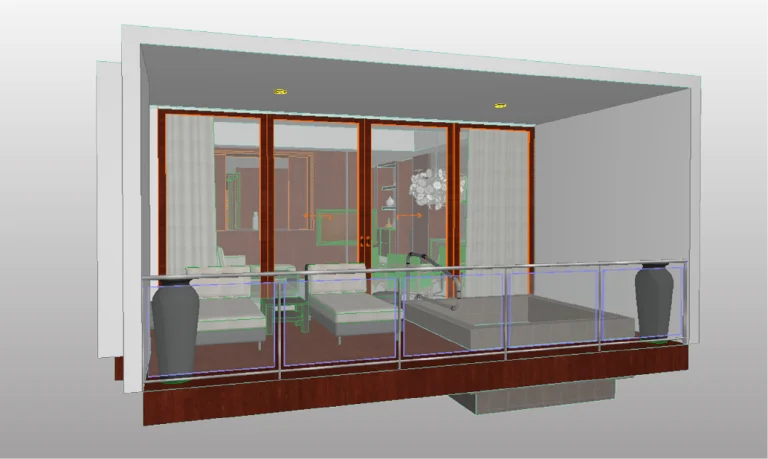 Representación en 3D de una habitación moderna con grandes puertas correderas de cristal, un balcón con barandilla de cristal, dos tumbonas en el interior, macetas en el balcón y cálidas lámparas empotradas en el techo