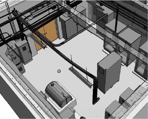 Imagen renderizada en 3D de una sala industrial con varios equipos de gran tamaño, armarios, tuberías aéreas y una puerta doble cerrada