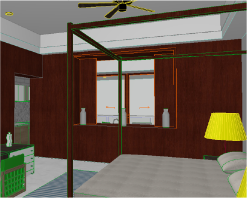 Un dormitorio renderizado en 3D con una cama con dosel, una lámpara amarilla, un escritorio, una silla verde y un gran ventanal enmarcado por paneles de madera oscura, creado con Escaneo Láser Vidanta para mayor precisión. En el alféizar de la ventana hay dos jarrones y encima se ve un ventilador de techo