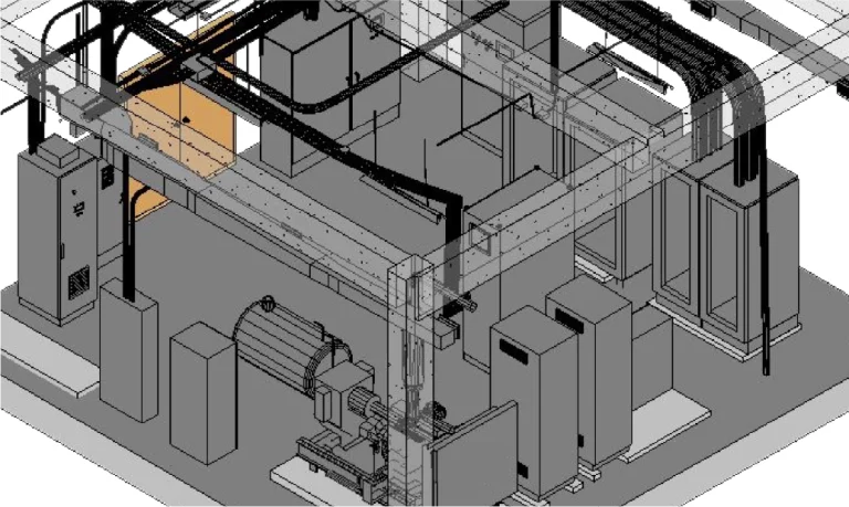 Modelo BIM basado en Escaneo Láser Vidanta, muestra la distribución de una sala industrial con maquinaria, armarios y bandejas de cables aéreas. La imagen en escala de grises destaca los componentes estructurales y mecánicos detallados de todo el espacio