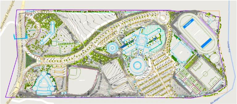 Un plano detallado del Tecnológico de Monterrey en Querétaro muestra carreteras, aparcamientos, zonas verdes, caminos, múltiples edificios circulares y rectangulares, un gran estadio y varios campos en una propiedad rectangular