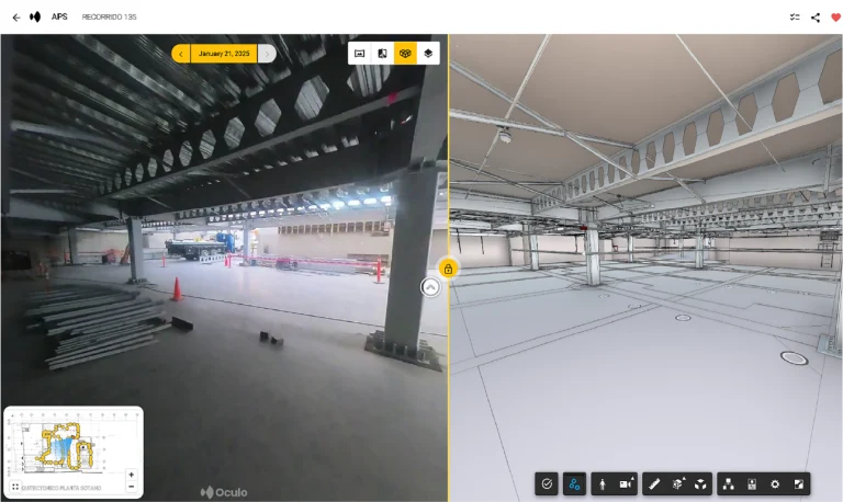 Vista de pantalla dividida que muestra un sitio de construcción: el lado izquierdo muestra una foto real con vigas de acero, equipo y conos, mientras que el lado derecho muestra un modelo digital en 3D que resalta los detalles estructurales de un escaneo láser en Coppel Culiacán