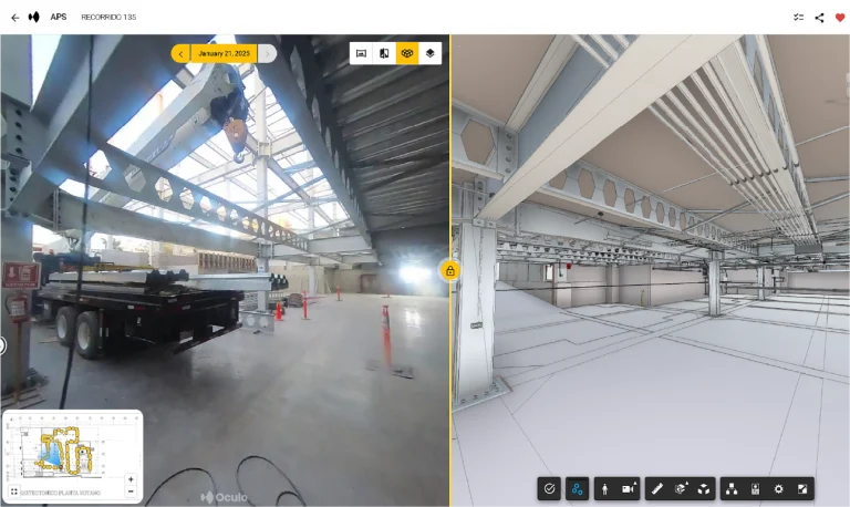 Una vista de pantalla dividida muestra una foto de la obra a la izquierda, en la que aparecen vigas de acero, un camión y conos de seguridad, y un modelo digital en 3D creado con Escaneo Láser Coppel Culiacán a la derecha, en el que se destacan los detalles estructurales