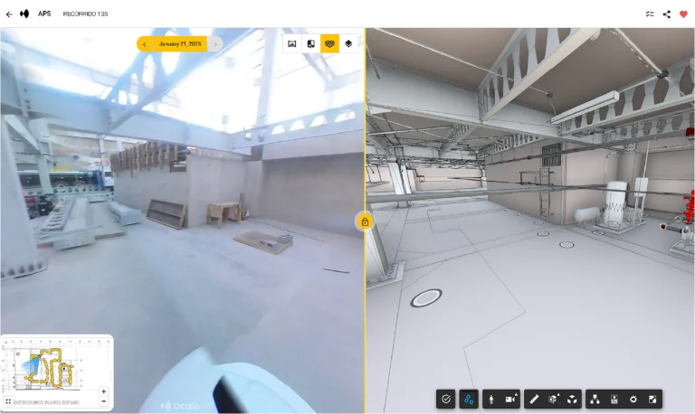 Pantalla dividida que muestra una obra de construcción real (izquierda) y su modelo digital en 3D del Escaneo Láser Coppel Culiacán (derecha), ambos mostrando una estructura interior parcialmente construida con vigas vistas, materiales de construcción y superficies de hormigón sin terminar
