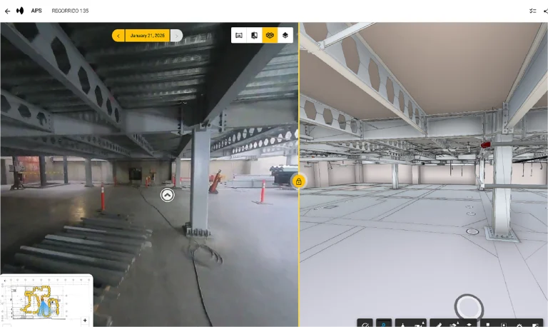 Una pantalla dividida muestra una obra en construcción: la parte izquierda muestra una foto real de un edificio con estructura de acero en construcción, mientras que la parte derecha muestra su modelo digital en 3D creado a partir de los datos de Escaneo Láser Coppel Culiacán