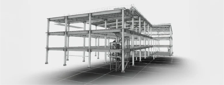 Representación digital de la estructura de un edificio de acero de varios pisos con escaleras y plataformas, vista desde un ángulo, sobre un fondo blanco con una cuadrícula en el suelo