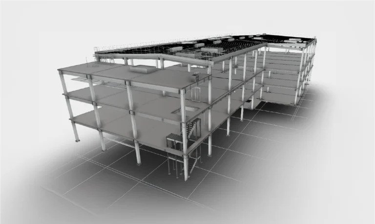 Un modelo digital en 3D de la estructura de un edificio de varios pisos, muestra la estructura de acero, las columnas, los suelos y las escaleras desde un ángulo elevado sobre un fondo liso