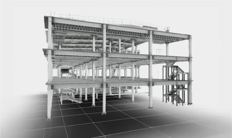 Renderización digital en 3D de la estructura de acero de un edificio de varios pisos, realizada por Escaneo Láser Coppel Culiacán, con vigas, pilares, suelos y escaleras visibles en un esquema de color en escala de grises sobre un plano de suelo en forma de cuadrícula