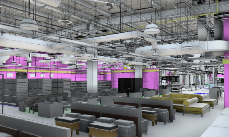 Un detallado renderizado en 3D del interior de un moderno edificio de concepto abierto en Culiacán con techos a la vista, conductos visibles, paredes de acento rosa y varias disposiciones de mobiliario