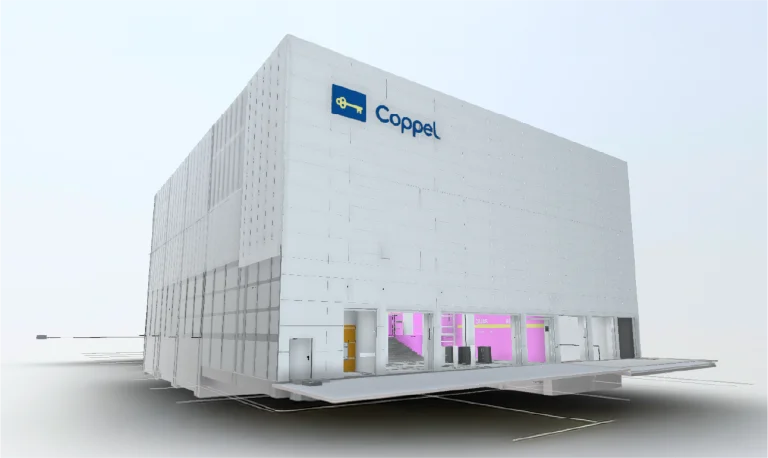 Modelo BIM edificio blanco en forma de caja con el logotipo de Coppel en la esquina superior