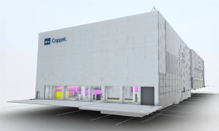 Modelo BIM de edificio blanco con el logotipo de Coppel en la esquina superior izquierda; su nivel inferior tiene ventanas de cristal que muestran un interior muy iluminado con luces amarillas y moradas
