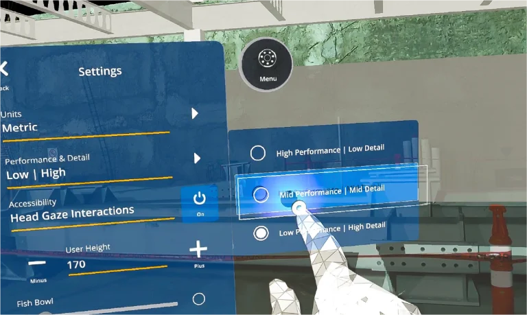 Una interfaz de realidad virtual muestra un menú de ajustes con opciones de rendimiento. Una mano digital selecciona "Rendimiento medio | Detalle medio", mientras que en una pantalla transparente aparecen deslizadores y conmutadores para la accesibilidad y la altura del usuario