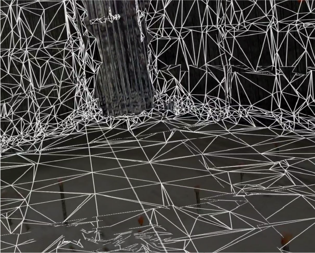 Una habitación con una cuadrícula de líneas blancas superpuestas sobre el suelo, las paredes y una columna cilíndrica, creando un efecto de malla geométrica digital