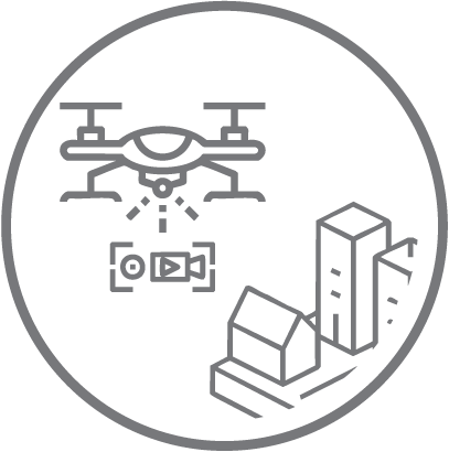Dibujo lineal de un dron que capta un paisaje urbano con edificios, todos encerrados en un borde circular