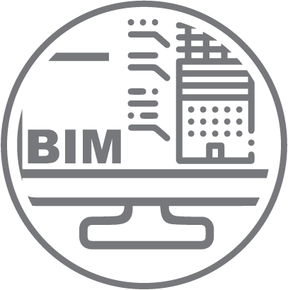 Ícono de arte de línea gris que muestra la palabra BIM junto a un edificio estilizado y un patrón de circuito, todo dentro de un círculo que se superpone al contorno de un monitor de computadora