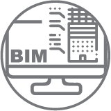 Ícono circular gris que muestra una pantalla de computadora con las letras BIM junto a una estructura simplificada de datos y edificios