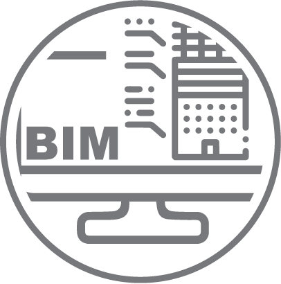 Un dibujo lineal gris de un monitor de ordenador que muestra la palabra BIM junto a un edificio estilizado y líneas similares a circuitos, todo ello encerrado dentro de un borde circular