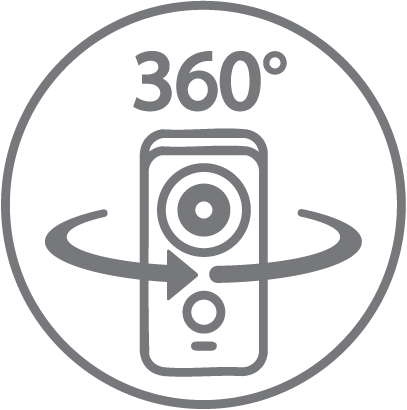 Icono gris que muestra un símbolo de 360 grados sobre una cámara con flechas curvas a su alrededor