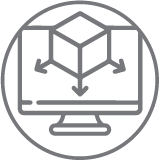 Ícono de línea gris de un monitor de computadora que muestra un cubo 3D con flechas apuntando hacia afuera, representando el modelado 3D o el diseño asistido por computadora (CAD)