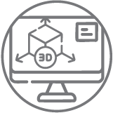 Dibujo lineal de un monitor de computadora que muestra un cubo 3D con flechas que indican tres dimensiones y la etiqueta 3D, que simboliza el software de diseño o modelado 3D