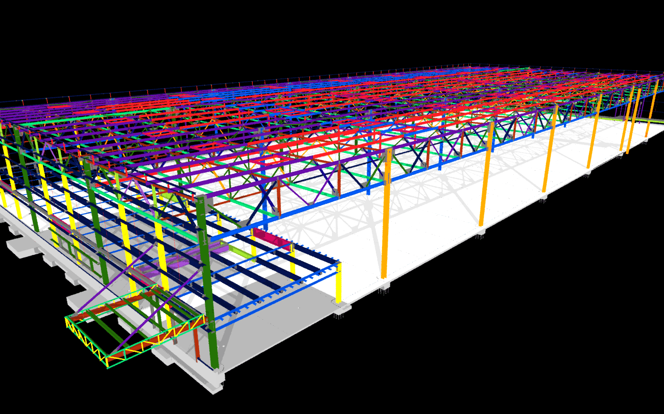 3D digital model of a large industrial building structure, inspired by the BMW Industrial Plant, showing a complex steel frame in multiple colors (with columns, beams, trusses, and a partially outlined floor), all set against a black background.