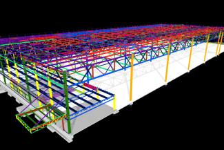 3D digital model of a large industrial building structure, inspired by the BMW Industrial Plant, showing a complex steel frame in multiple colors (with columns, beams, trusses, and a partially outlined floor), all set against a black background.