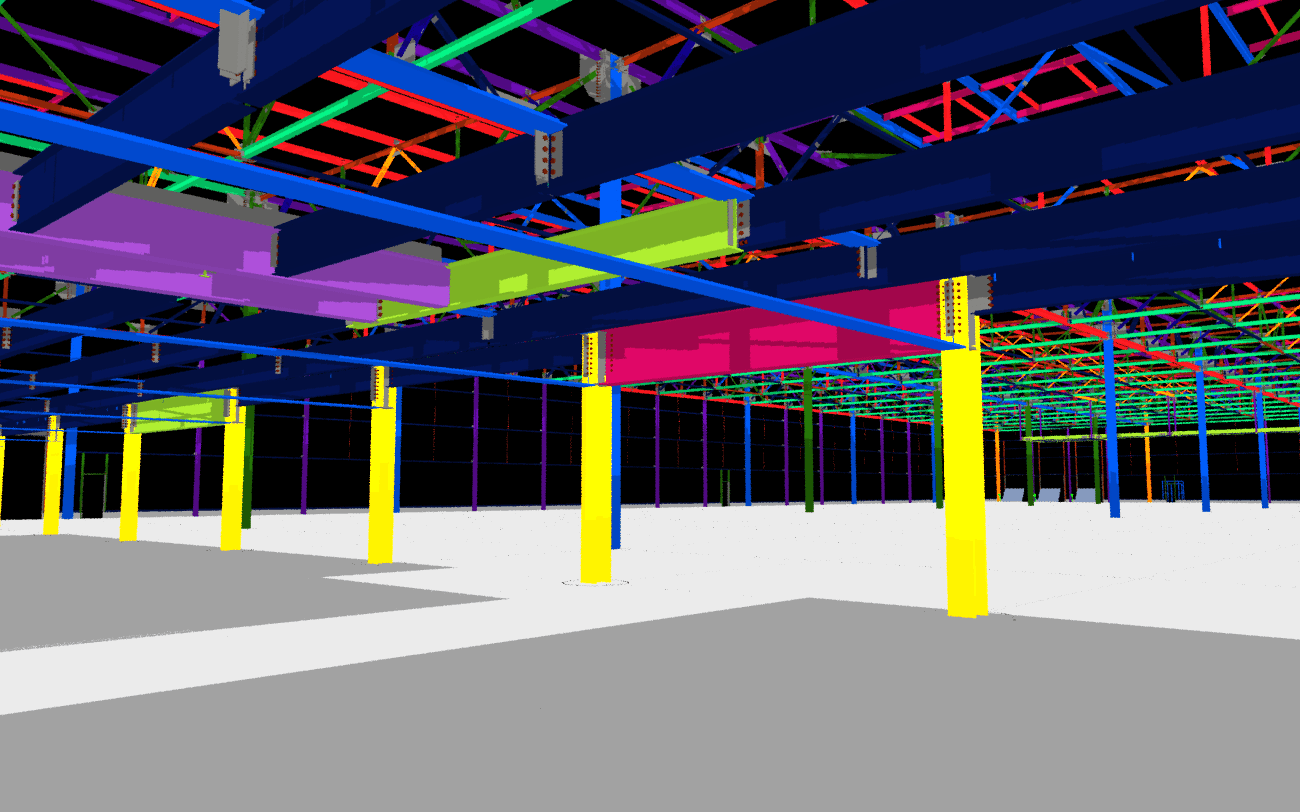 A digital 3D model of the interior structure of a BMW Industrial Plant shows colorful steel beams, columns, and supports in blue, yellow, green, and purple against a white and gray floor.