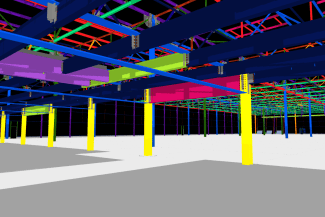 A digital 3D model of the interior structure of a BMW Industrial Plant shows colorful steel beams, columns, and supports in blue, yellow, green, and purple against a white and gray floor.
