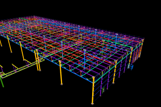 3D digital model of a building structure, inspired by the BMW Industrial Plant, with a network of colored beams and columns showing the frame of a large rectangular building against a black background.