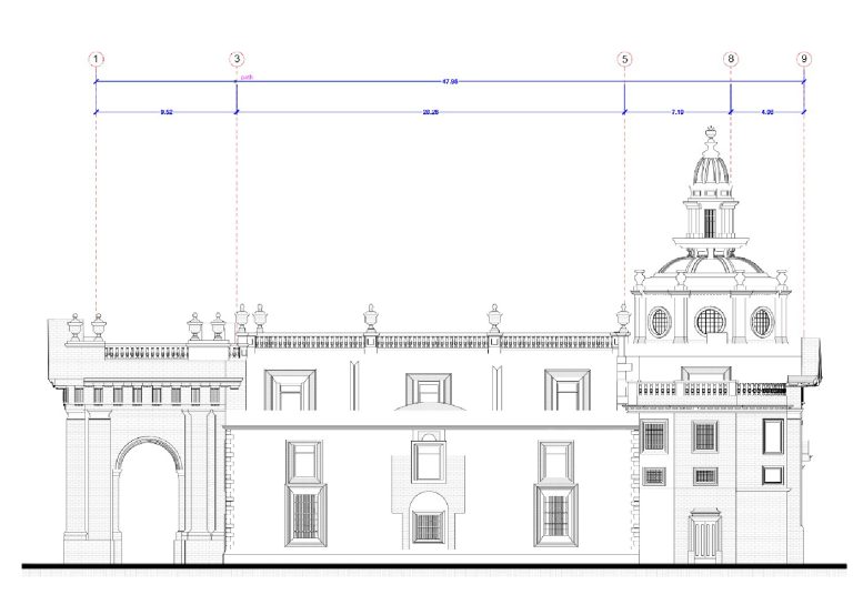 Dibujo de alzado arquitectónico de la Biblioteca Iberoamericana, un edificio clásico con una puerta arqueada a la izquierda y una torre abovedada a la derecha, que muestra ventanas, puertas y detalles decorativos con líneas de medición por encima