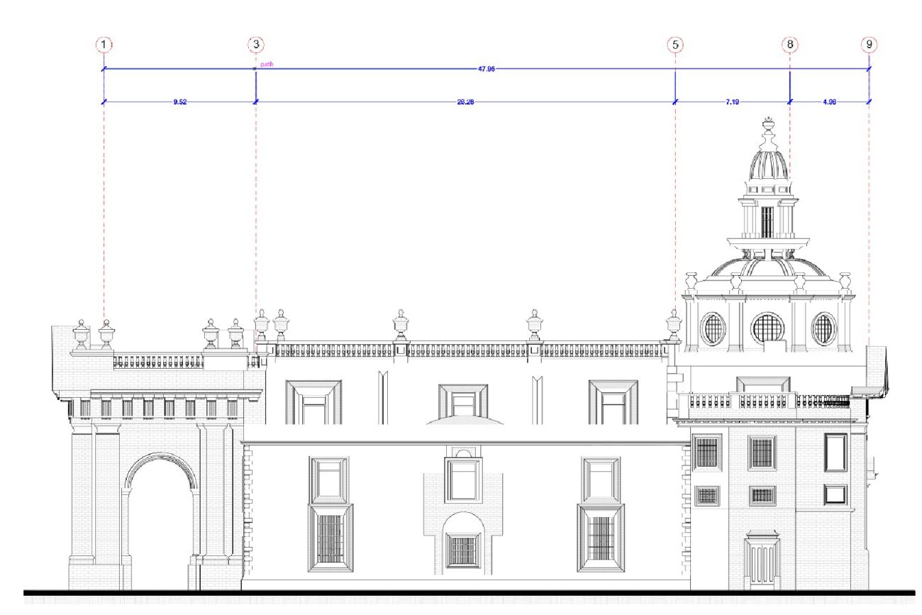 Architectural drawing of the Ibero-American Library, with classical ornamentation, an arched entrance on the left, central windows, and a vaulted tower on the right. Above, dimension lines and numbers appear in blue.