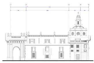 Architectural drawing of the Ibero-American Library, with classical ornamentation, an arched entrance on the left, central windows, and a vaulted tower on the right. Above, dimension lines and numbers appear in blue.