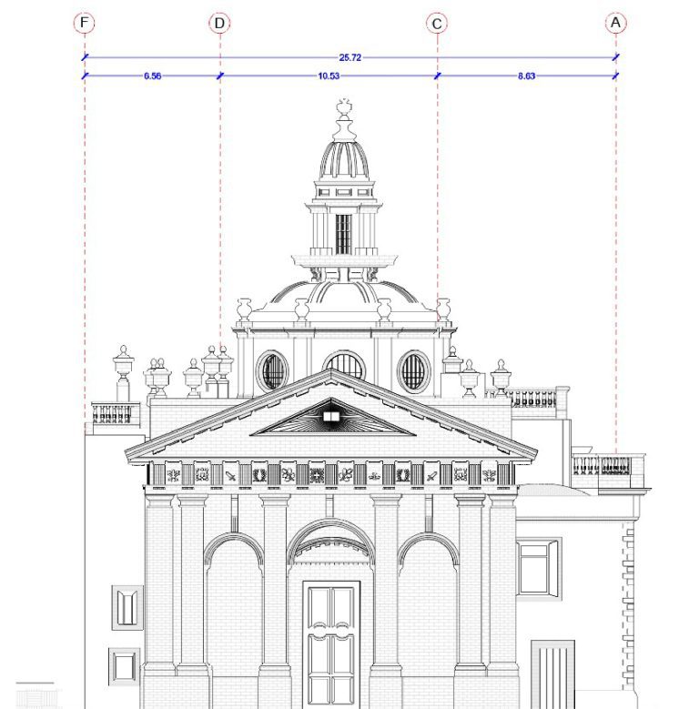 Dibujo arquitectónico lineal de la fachada clásica de la Biblioteca Iberoamericana con columnas, un frontón detallado, ventanas arqueadas y una cúpula central rematada por una cúpula; sobre la estructura se muestran líneas de cota y etiquetas