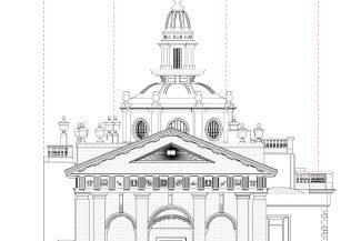 Architectural drawing of the Ibero-American Library, a classical-style building with a central dome, columns, and decorative details; dashed blue and red lines with labels and measurements span the top of the image.