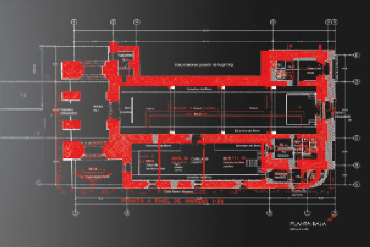 Architectural plan of the Ibero-American Library, showing rooms and walls outlined in white with areas highlighted in red, against a dark gradient background and detailed with various labels and technical measurements.