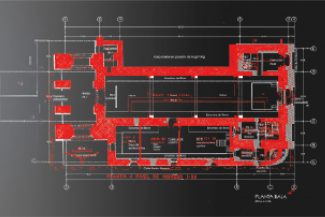 Architectural plan of the Ibero-American Library, showing rooms and walls outlined in white with areas highlighted in red, against a dark gradient background and detailed with various labels and technical measurements.