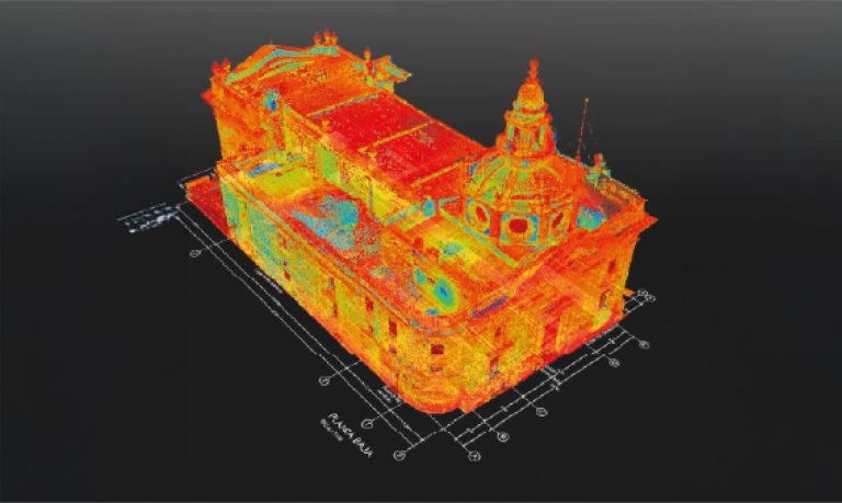 Una colorida nube de puntos en 3D de la Biblioteca Iberoamericana, en la que destacan los detalles del tejado y la cúpula, se muestra sobre un fondo oscuro con las líneas de la planta arquitectónica debajo