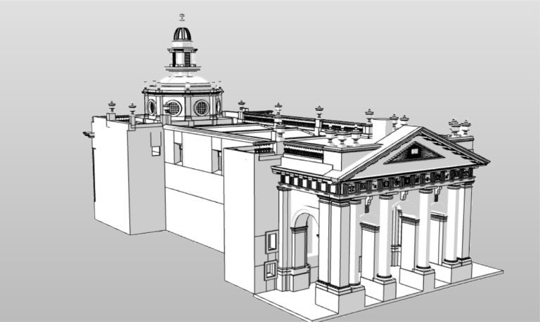 Representación arquitectónica en blanco y negro de la Biblioteca Iberoamericana, con columnas, arcos, frontón y una gran cúpula central con linterna. El estilo sugiere arquitectura histórica o neoclásica