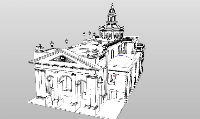 Un boceto arquitectónico en blanco y negro de la Biblioteca Iberoamericana muestra un edificio clásico con altas columnas, ventanas arqueadas, detalles ornamentales y una torre central abovedada rematada con una linterna desde una perspectiva angular