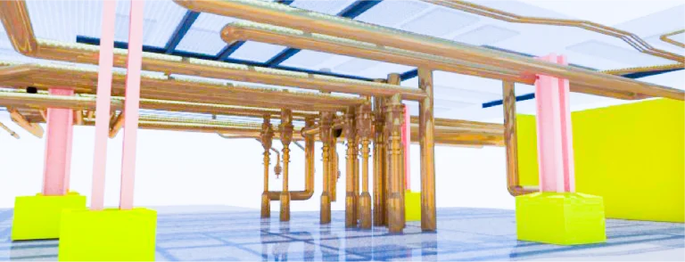 Una representación digital de tuberías y conductos expuestos en el techo de un edificio, que recuerda a los intrincados sistemas del Ingenio Azucarero Tamazula, con varias estructuras rectangulares amarillas en el suelo brillante de abajo. Las tuberías de color cobre discurren en varias direcciones