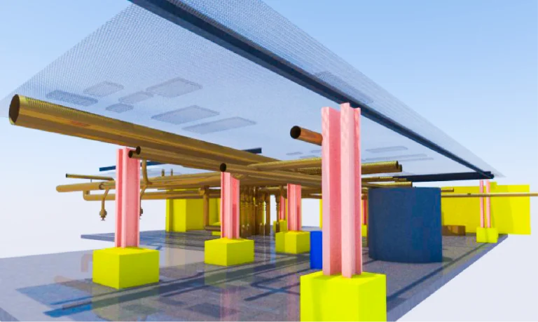 Un modelo digital en 3D del Ingenio Azucarero Tamazula muestra los sistemas estructurales y mecánicos del edificio, con columnas verticales rosas, bases amarillas, tuberías de color cobre para la producción de azúcar y un panel translúcido en el techo