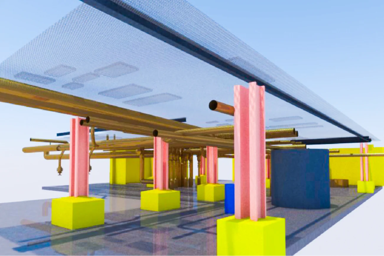 A digital 3D model of Ingenio Azucarero Tamazula’s interior infrastructure shows pink and yellow structural supports, copper pipes, and blue wall segments beneath a transparent ceiling.