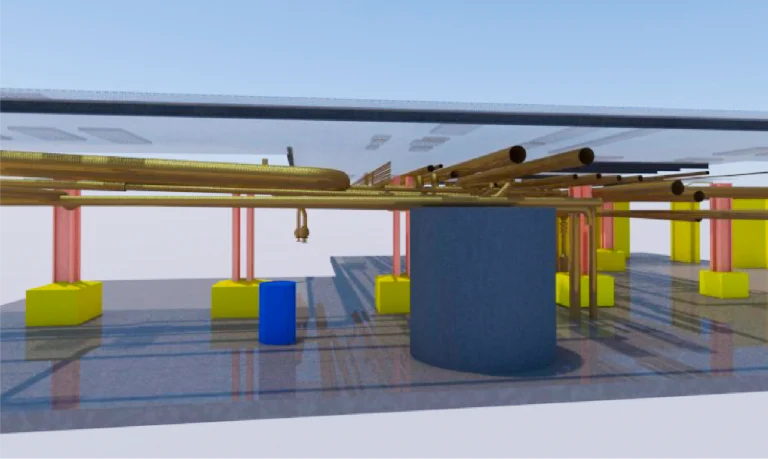 Un modelo en 3D de la plataforma del Ingenio Azucarero Tamazula muestra tuberías doradas, soportes verticales rojos y amarillos, un gran cilindro gris y un cilindro azul bajo un techo translúcido enmarcado en un cielo despejado