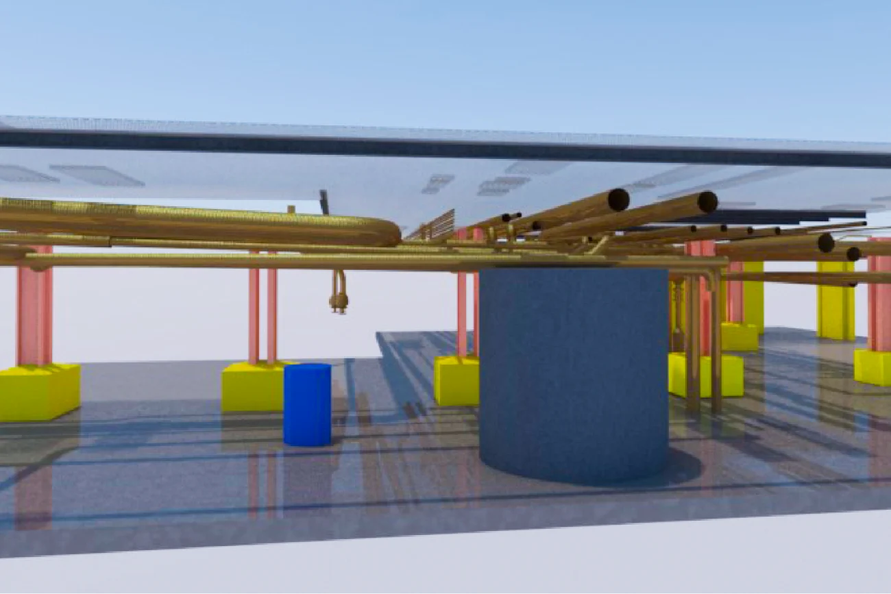 A 3D digital rendering shows the roof of a building with exposed pipes and ducts, supported by columns and beams, reflecting the industrial style of the Tamazula Sugar Mill. On the floor are yellow blocks, a large gray cylinder, and a small blue cylinder.